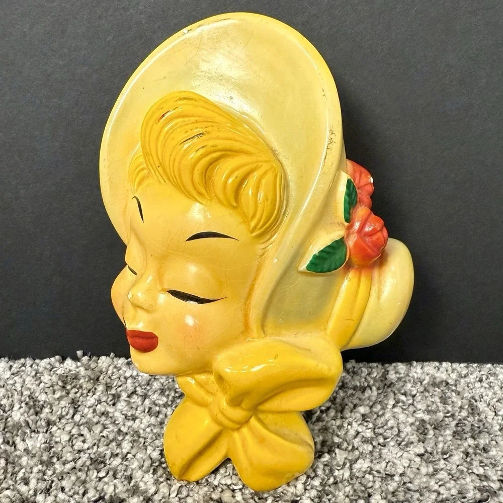 Vintage 1958 Miller Studio Chalkware Girl Wall Hanging Plaques~ Bonnet - Picture 1 of 6
